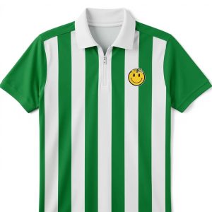 Premium Jersey Zipper Polo 200GSM - Green White Stripe Smiley Patch